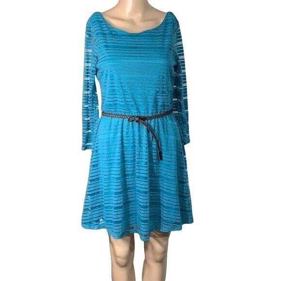 Lily Rose Womens Dress Lightweight Shadow Striped Belted Turquoise Teal Medium - Picture 1 of 9